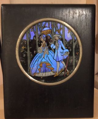 Antique Butterfly Wing Art Crinoline Lady & Gentleman Ebony Framed Round Picture
