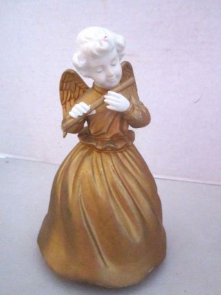 Vintage Gold Angel Music Box Rotating.  Silent Night.  Porcelain.  Playing Flute.