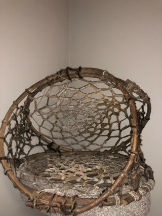 Antique Vintage Eskimo Fishing Utilitarian Net/basket Made Of Leather Wood Fur