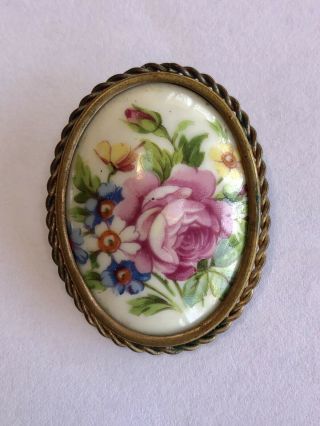 Antique Vintage Art Deco Early Limoges France Porcelain Floral Brooch Pin