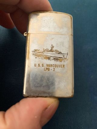 Vintage 1972 Chrome Slim Us Navy Ship Uss Vancouver Lpd 2 Zippo Lighter