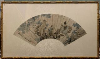 Rare Antique Chinese Silk And Fan Picture Framed 19th Century黄山寿 2