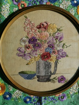 Vintage Embroidered Vase Of Cottage Garden Flowers Picture Framed