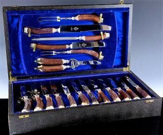 Most Incredible Antique Stag Horn Handle 32pc Carving Dinner Knife Fork Set