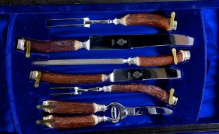 MOST INCREDIBLE ANTIQUE STAG HORN HANDLE 32pc CARVING DINNER KNIFE FORK SET 2