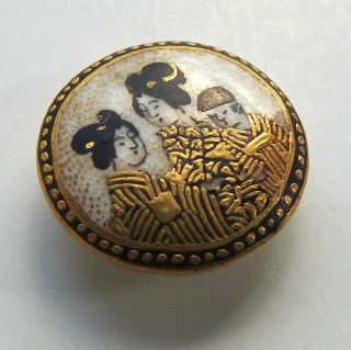 Antique Vintage Ceramic Satsuma Picture Button 3 Oriental Ladies Gold Accents 2