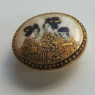 Antique Vintage Ceramic Satsuma Picture Button 3 Oriental Ladies Gold Accents 3