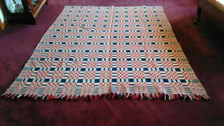 Antique Red,  White And Blue Jacquard Wool & Linen Coverlet 70 " X 85 "