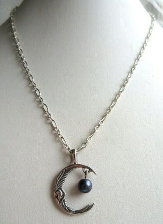 Vintage Sterling Silver Man In The Moon Black Pearl Crescent Pendant Necklace