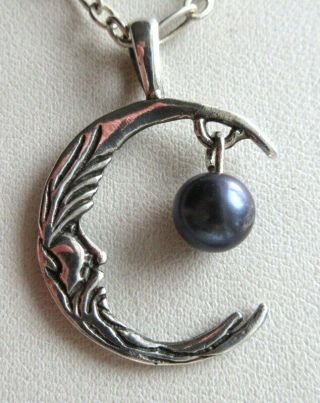 Vintage Sterling Silver MAN IN THE MOON Black Pearl Crescent Pendant Necklace 2