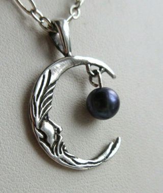 Vintage Sterling Silver MAN IN THE MOON Black Pearl Crescent Pendant Necklace 3