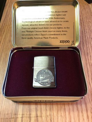 Zippo 60th Anniversary Lighter 1932 - 1992 Midnight Chrome,  Pewter Emblem W/ Tin