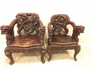Antique King&queen Carved Fierce Dragon Arm Chairs