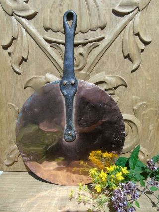 French Vintage Copper Sauce Pan Lid Splatter Guard 7.  25 Inch Wrought Iron Handle