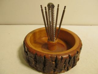 Vintage Wood Tree Bark Nut Bowl With Cracker 4 Picks 7”