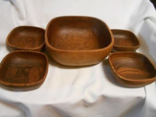 Set Of 5 Vintage Mid Century Danish Modern Teak Wood Salad / Popcorn Bowls