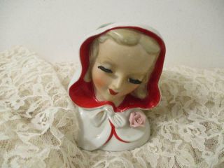 Vintage Lady Head Vase With Red White Cape Pink Rose