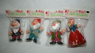 Vintage Walt Disney Snow White & Three Dwarfs Christmas Ornaments Old Stock