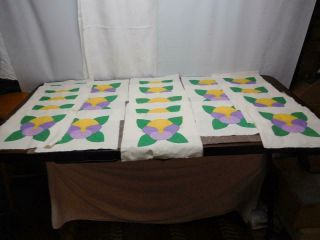Vtg Antique Cotton Hand Stitched Pieced Appliqued Pansy Quilt Blocks (20)