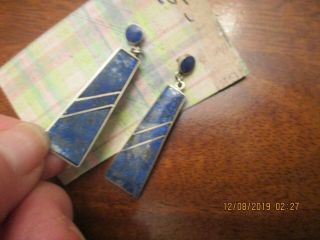 Vintage Double Sided Lapis & Sterling Silver Inlay Earrings Approx.  2 " Long