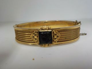 Antique Art Nouveau Gold Filled Cuff Bracelet W/ Black Onyx Intaglio