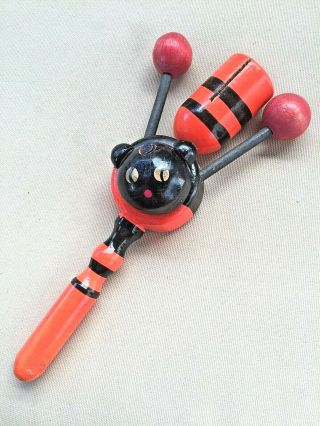 Vintage Halloween Noise Maker.  Old Moving Bear Face,  Wooden Horn Too Cool