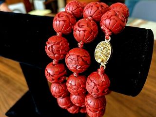 Antique Chinese Deeply Carved Cinnabar Bead Necklace 30 " Length 41 Beads