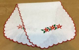 Vintage Dresser Scarf Or Table Runner,  Christmas Decor,  Poinsettia Embroidery