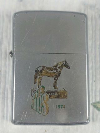Vintage 1974 Zippo Lighter With The Adios Horse Race Advertisement