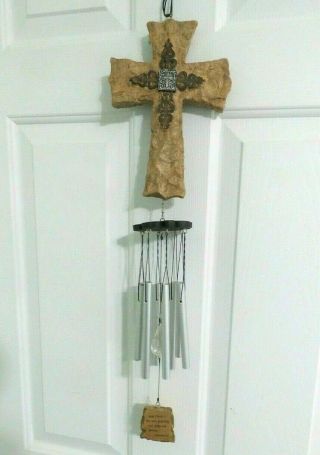 Vintage Stone Resin Cross Wind Chimes Hebrew Verse 8 Silver Tubes Home Decor