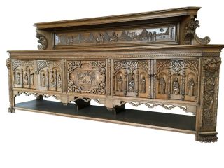 Heavily Carved Large French Gothic Server With Religious Carvings,  1920 