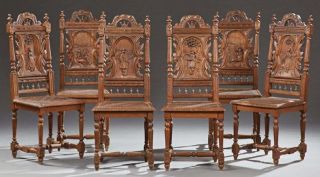 Set Of Six Charming French Breton Carved Oak Dining Chairs,  19th Century (1800s)