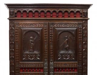 SPANISH FIGURAL CARVED PINE ARMOIRE,  antique 3
