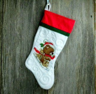 Vintage Teddy Bear On Sleigh Morehead Christmas Stocking Mouse Felt Fuzzy White