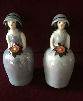 Vintage Japan Lusterware Art Deco Girl Salt And Pepper Shakers With Corks