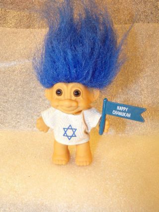 Vintage Russ Troll Doll 3” Happy Chanukah Blue Hair 18283