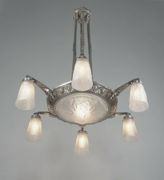 Muller Freres : Signed French 1930 Art Deco Chandelier.  Lustre Lamp
