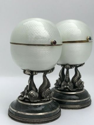 Antique Russian Imperial Faberge Silver White Guilloche Enamel Eggs W Surprise 2