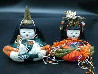 Vintage Japanese Hina Doll Kimekomi Emperor And Empress Silk Dolls Set