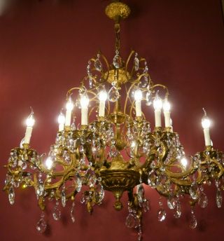Very Large Gold Bronze Crystal Chandelier Old Ceiling Lamp Antique Home Decor