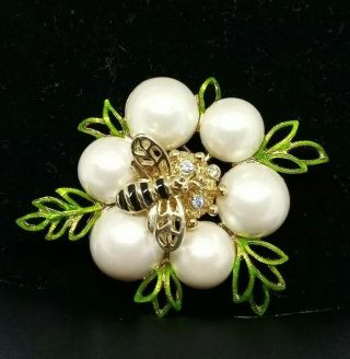 Vintage Gold Tone Signed Monet Bumblebee With Faux Pearls Brooch