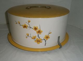 Vintage Yellow Decoware Metal Cake Pie Carrier Saver Yellow Dogwood Flowers