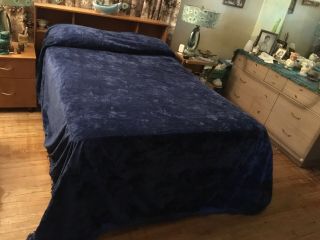 Vintage Blue Crushed Velvet Bedspread Coverlet Fringed Full/queen Retro 70’s