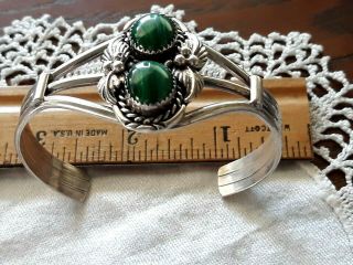 Vintage Native American Navajo Sterling Silver Malachite Signed Cuff Bracelet