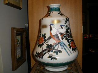 Rare Large Signed Antique Japanese Kutani Hand Painted Bird Floral Vase 14 1/2 "