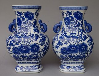 14 " Tall Large Vintage Chinese Blue&white Porcelain Vases Hand Painted.