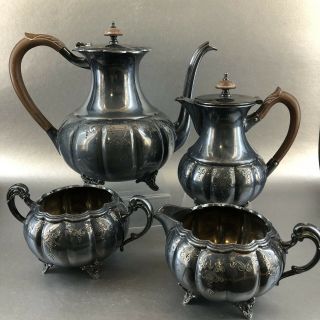 Victorian Plate Silver Plated Vintage Coffee Tea Pots Cream Pitcher & Sugar Bowl