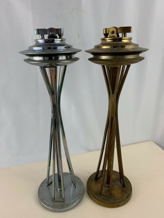 2 Vintage Figural Table Lighters - Seatle Space Needle - Chrome & Bronze Finish