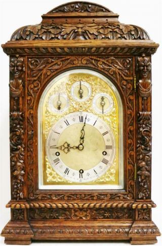 Antique Intricately Carved Oak 3 Train 9 Gong Musical Chime W&h Bracket Clock