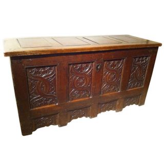 Gothic Oak Chest With Carved Linenfold Panels - Large Scale,  70 Inches Wide